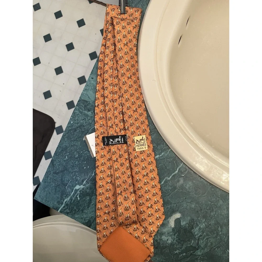 Hermes Paris Silk Tie Orange Bicycle Horse Novelty Print Made in France 5441 FA